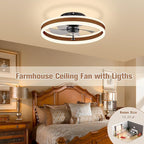 VOLISUN Low Profile Ceiling Fans with Lights and Remote, 19.7in Farmhouse Ceiling Fans with Light Flush Mount, 3000K-6500K Dimmable Fandelier LED Fan Light, Bladeless Ceiling Fans for Bedroom