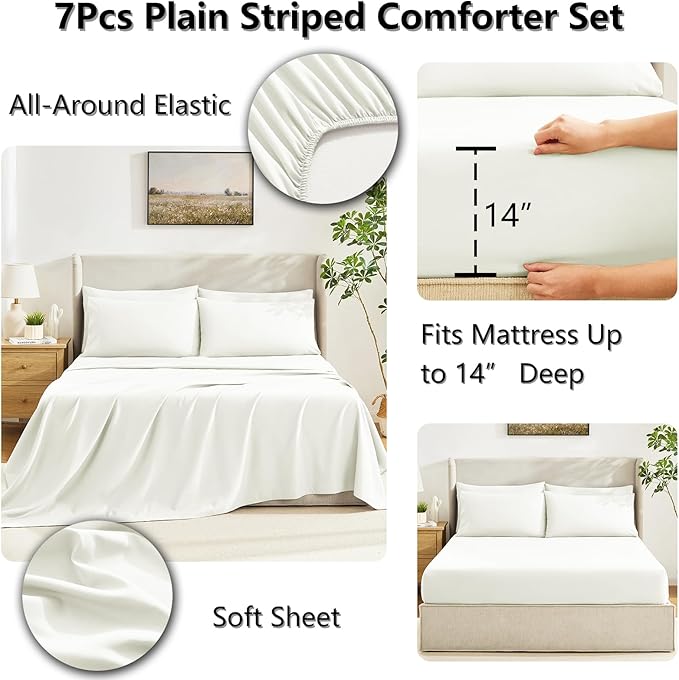 CozyLux King Size Comforter Set Ivory - 7 Pieces Bed in a Bag, Cream Off White Comforter King Size, Bedding Sets with All Season Quilted Comforter, Flat Sheet, Fitted Sheet, Pillowcases