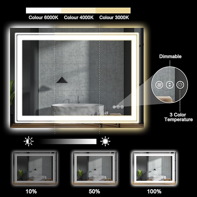 LED Bathroom Mirror, 28"x36" with Front and Backlit, Anti-Fog, Bathroom Vanity Mirror for Wall, Memory Function, Stepless Dimmable, Tempered Glass (Horizontal/Vertical)