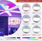 Ceiling Fans with Lights- 52" RGB Low Profile Indoor Ceiling Fan with Light and Remote/APP Control, Flush Mount, 6 Blade, LED Dimmable DC Reversible Modern Ceiling Fan for Bedroom（White）