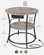 VASAGLE Side Table, 2-Tier Round End Table with Power Outlets, Nightstand with Steel Frame for Small Spaces, Living Room, Bedroom, Heather Greige and Ink Black ULET077L01