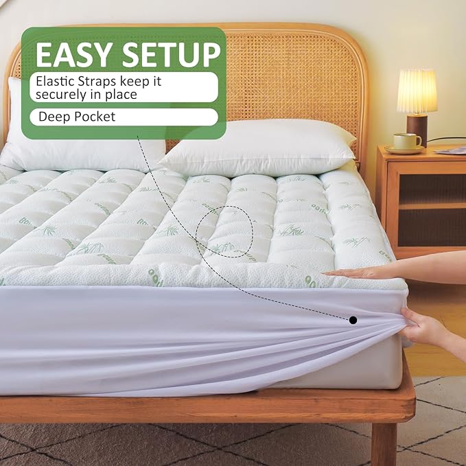 Bioeartha Cooling Mattress Topper Twin – Extra Soft Pillow Top Mattress Pad, Breathable Viscose Made from Bamboo Mattress Protector for Back Pain Relief, Deep Pocket Cover Fits 8–21 Inch