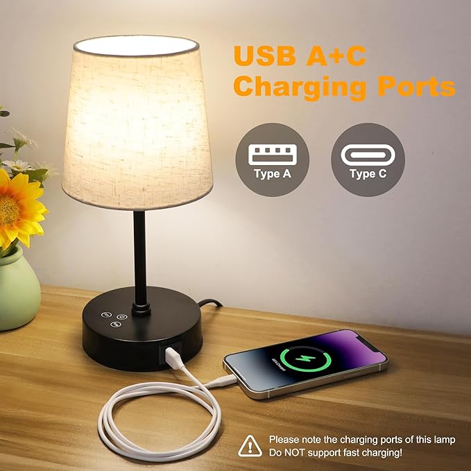Ascher Small Bedside Table lamp, RGB Color Changing Lamps, 3 Color Temperatures, Dimmable Nightstand Lamp with USB C+A Ports, Touch Desk Lamp for Bedroom Living Room, H11.4in(Flaxen Shade)