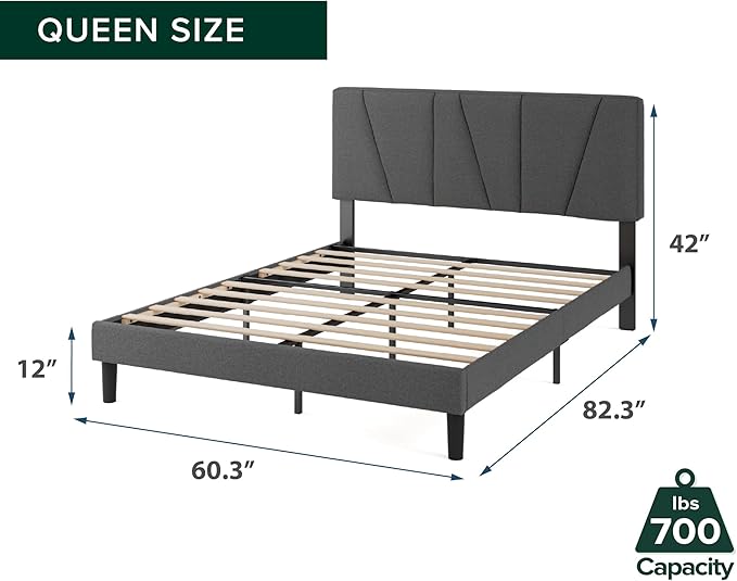 ZINUS Queen Maya Upholstered Bed Frame with Asymmetric Headboard, Durable Wooden Slats, Sturdy Framework, Noise Free Sleep, No Box Spring Needed, Easy Assembly, Eco Friendly Packaging, Dark Grey
