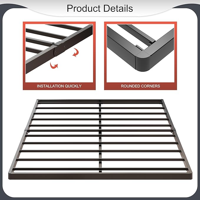 1.6 Inch King Box Spring Low Profile Heavy Duty Metal King Size Box Spring Bed Base Bunkie Board, Sturdy Mattress Foundation, Easy Assembly, Noise Free, Black