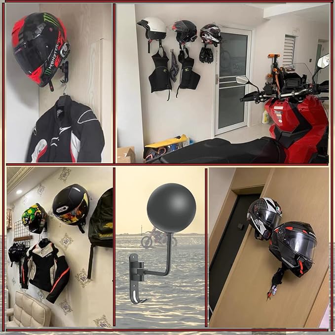 SANGMO Grey 180 Motorcycle Helmet Rack, Rotation Metal Wall Mounted Holder With 2 Hooks for Bike Coats, Caps, Baseballs (2 Pcs)