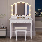 Tiptiper Vanity Table Set with Lighted Tri-Folding Mirror, Makeup Vanity with Lights & 3 Color Lighting Modes, Vanity Desk with Mirror and Cushioned Stool, Makeup Table with 5 Drawers, White