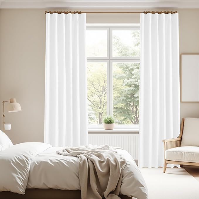 KangBang Pure White Blackout Curtains 84 Inch Length, Faux Linen Room Darkening Curtains for Bedroom Living Room, Back Tab Loop Pocket Pleated Light Blocking Drapes, 52Wx84L, 2Pcs