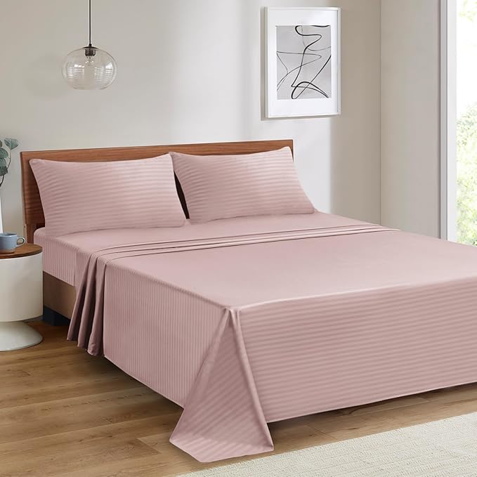Mejoroom Striped Queen Size Sheet Set - Hotel Luxury 1800 Bedding Sheets & Pillowcases - Deep Pocket Fitted Sheet, Soft, Breathable, Wrinkle & Fade Resistant - 4 Piece (02-Dusty Pink)