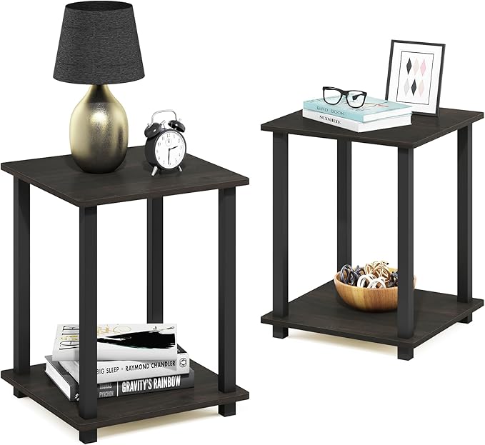 Furinno SIMPLISTIC Side Table Set of 2, 2-Tier End Table, Nightstand, Night Stand, Bedside Table, Easy Assembly, for Living Room, Bedroom, Espresso
