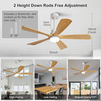 52 Inch Outdoor Ceiling Fans with Lights and Remote Control, Dimmable 5 Blade Wood Outdoor Ceiling Fans for Patios, White Natural Wood Bedroom Ceiling Fan with Lights, Noiseless DC Motor