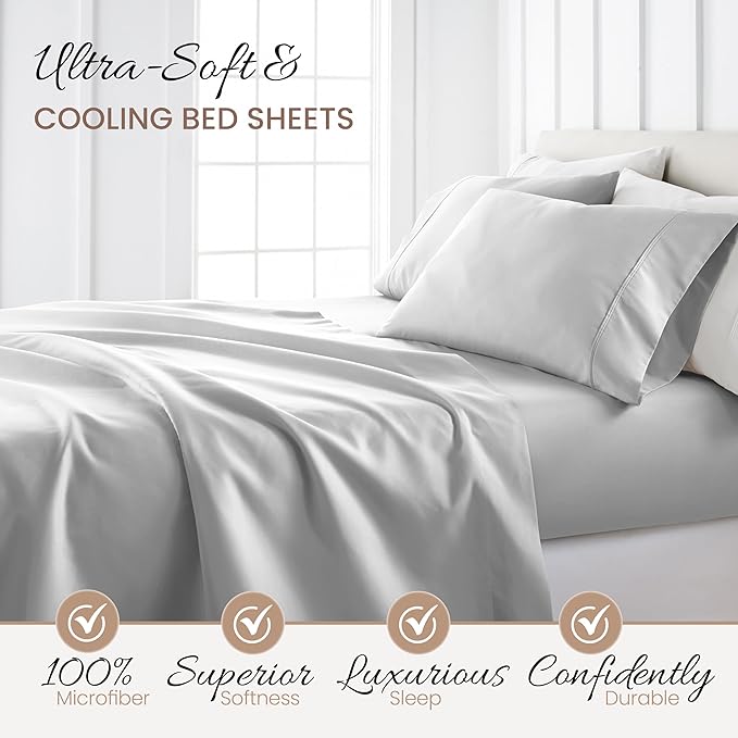 Linen Market Double-Brushed Microfiber King Sheet Set 4 Piece – Oeko-TEX Certified Ultra Soft & Wrinkle-Free - 16" Deep Pocket Sheets - Easy Care King Size - Light Gray