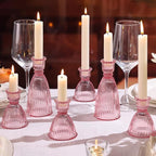 LAMORGIFT Pink Candle Holder Set of 6-4pcs 3.5"& 2pcs 6" Assorted Glass Pink Candlesticks Holder for Wedding Decor, Ribbed Taper Candle Holders Bulk for Bridal Shower, Home Table Centerpieces