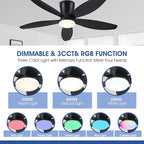 Flush Mount RGB Ceiling Fans with Lights-48 Low Profile Ceiling Fan with Light and Remote/APP Control,DC Reversible,LED Dimmable Blakc Ceiling Fans for Bedroom,Indoor/Outdoor Patio Use