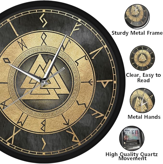 12 Inch Scandinavian Viking Design Valknut Wall Clock, Vintage Futhark Viking Runes Warrior Norse Print Wall Clock Accurate Silent Non Ticking Battery Operated for Man Cave Bedroom Farmhouse