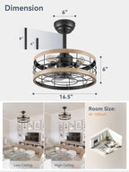 LEDIARY 16.5in Caged Ceiling Fan with Light, Fandelier Industrial Ceiling Fan with Remote, Rustic Metal Fan Lights Ceiling Fixtures for Kitchen, Farmhouse, Bedroom（6 Speed,1/2/4/8h Timing）-Brown
