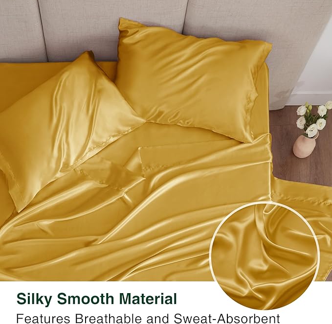 Love's cabin Twin Satin Sheets Sets - 3 Piece Gold Silky Bed Sheets with Deep Pockets, Luxury Silk Feel Satin Twin Size Sheet Set Bedding Set (1 Flat Sheet,1 Fitted Sheet,1 Pillow case)