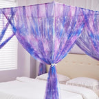 Mengersi Tie Dye Canopy Bed Curtains with Lights,Gradient Ombre Bed Canopy for Girls,Princess Bed Drapes for Girls Room Decor(Queen,Purple)