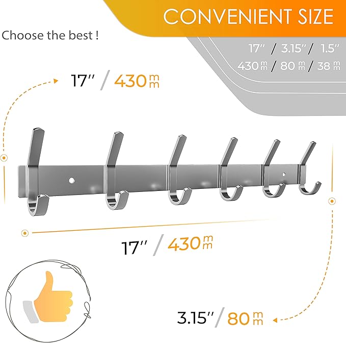 Coat Rack Wall Mount – Brushed Nickel 17 Inch Stainless Steel Hook Rail with 6 Heavy Duty Double Coat Hooks – Wall Mounted Coat Hanger for Entryway, Bathroom, Bedroom, Towel, Hat Organizer