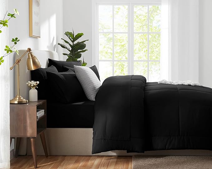 CozyLux California King Comforter Sets Black, 7 Pieces Cal King Bed in a Bag, All Season Bedding Sets with Stitch Quilted Comforter, Flat Sheet, Fitted Sheet, Pillowcases