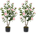 GOFLAME 3FT Artificial Camellia Tree, 2 Pack Faux Camellia Plant with Pink Flowers, Solid Wood Trunk, Realistic Moss, Greenery Potted Decoration Tree for Indoor Outdoor Home Porch Front Door