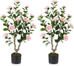 GOFLAME 3FT Artificial Camellia Tree, 2 Pack Faux Camellia Plant with Pink Flowers, Solid Wood Trunk, Realistic Moss, Greenery Potted Decoration Tree for Indoor Outdoor Home Porch Front Door