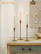 NUPTIO Iron Taper Candle Holders: Antique Brass Candlestick Holder for Thanksgiving Christmas Party - Set of 3 Tall Gold Candles Stick Decor for Fireplace Table Centerpiece