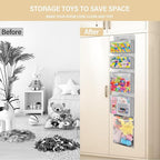 Hanging Toy Storage over Door, Block Stuffed Animal Organizer Idea with 4 Removable Case Bag, Bi-Fold Closet Holder with Mesh Pocket for Kid Boy Girl