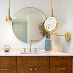 Make up Mirror Wall Mounted Lighted 10X Magnifying Hard Wired, Double Sides 3 Color Lighting Touch Dimming 360 Swivel Extended Arm Shaving Mirror for Bathroom, Brushed Gold