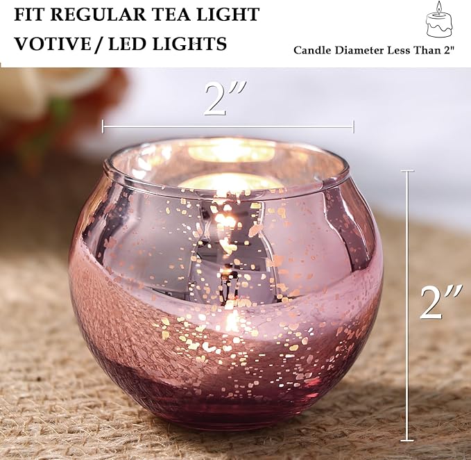 Volens Round Rose Gold Votive Candle Holders, Mercury Glass Tealight Candle Holder Set of 12