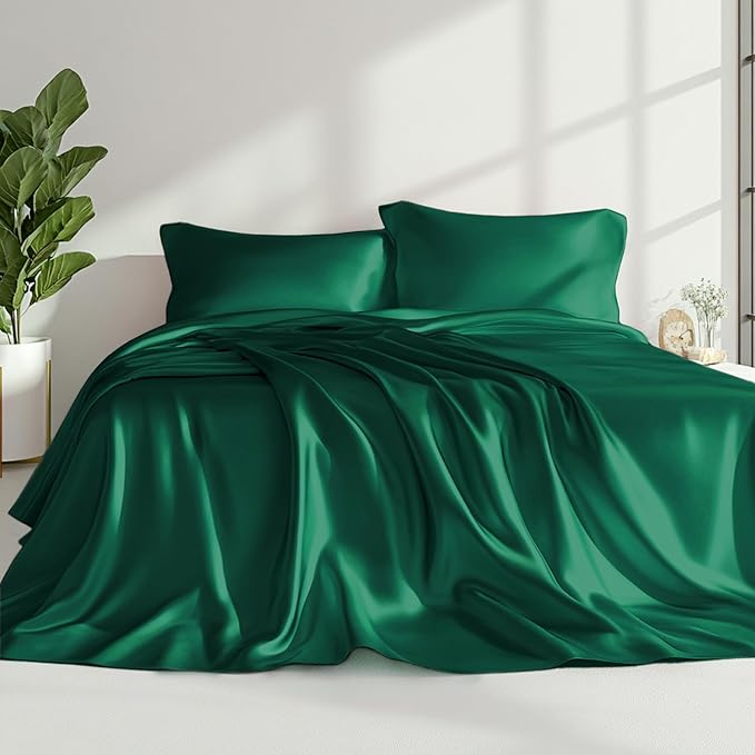 Love's cabin Twin Satin Sheet Set - 3 Piece Dark Green Silky Bed Sheets with Deep Pockets, Luxury Silk Feel Satin Twin Size Sheet Set Bedding Set (1 Flat Sheet,1 Fitted Sheet,1 Pillow case)
