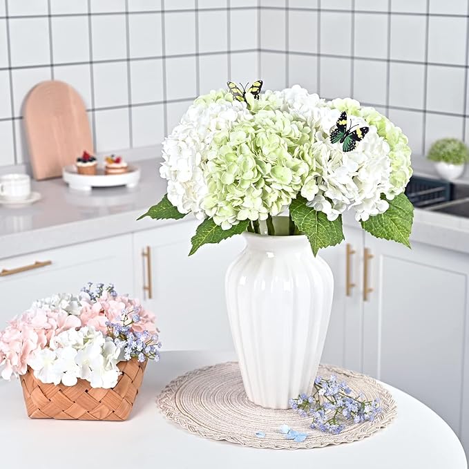 Waipfaru 21" Real Touch Green Hydrangea Artificial Flowers with Long Stem & Leaves, Full Latex Faux Hydrangea Flowers for Home Decor Party Floral Arrangements Wedding Bouquets Centerpieces, 5Pcs