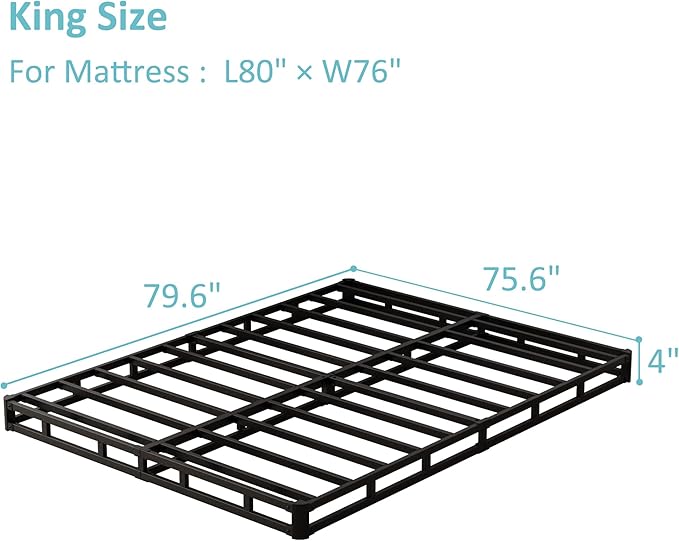 King Box Spring Bed Base 4 inch, Low Profile Metal Box Spring King with Fabric Cover, 3000 Lbs Max Weight Capacity Mattress Foundation, Noise-Free, Easy Assembly