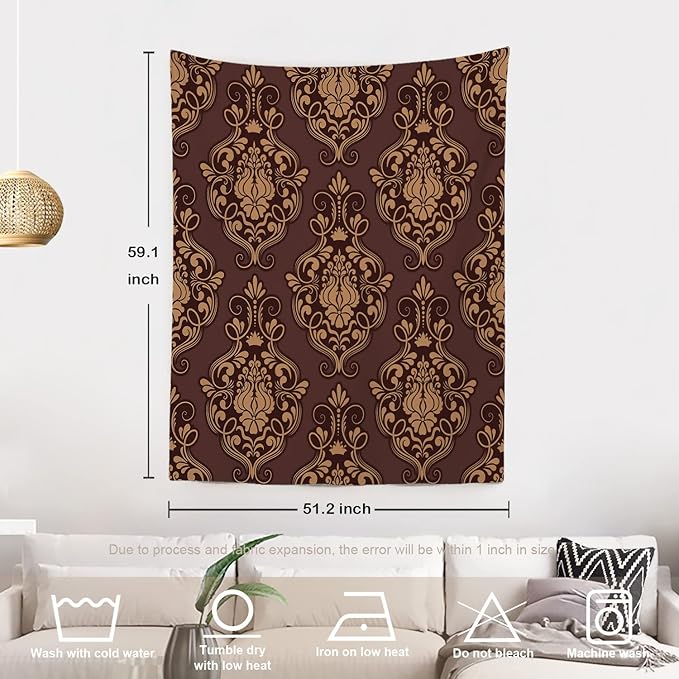 Batmerry Brown Damask Floral Tapestry,Vintage Golden Brown Damask Pattern Wall Art Hanging Decoration Polyester Fiber White Ruffled Around for Dorm Room Bedroom Living Room, 59.1x51.2 inches