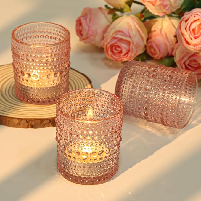 24 Pcs Votive Candle Holders, Pink Glass Candle Holder Bulk for Table Centerpiece, Tea Lights Candle Holders for Wedding Shower, Party and Home Decor