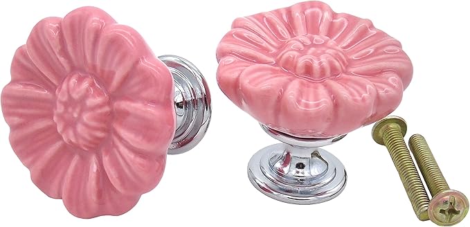 6PCS Vintage Floral Daisy Ceramic Dresser Drawer Knobs Elegant Cabinet Cupboard Door Hardware Pull Handles w/Screws Pink
