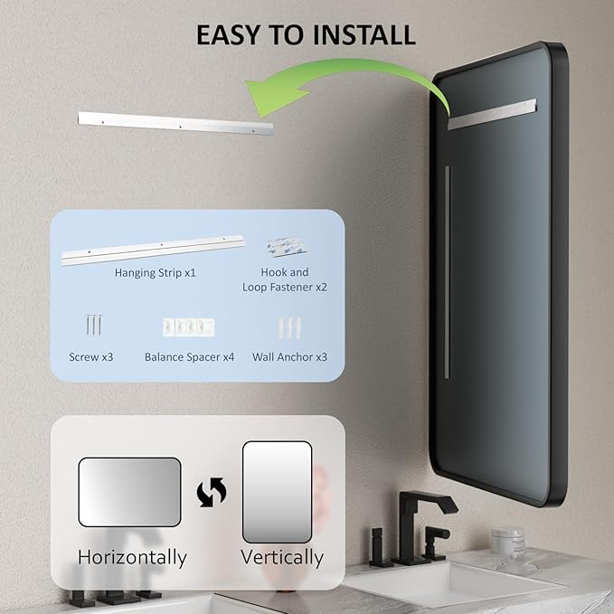 48×36 Rectangular Bathroom Mirrors for Over Sink - Aluminum Black Frame Mirror for Wall with Tempered Glass & Rounded Corners for Restroom, Entryway, Vanity, Horizontal/Vertical