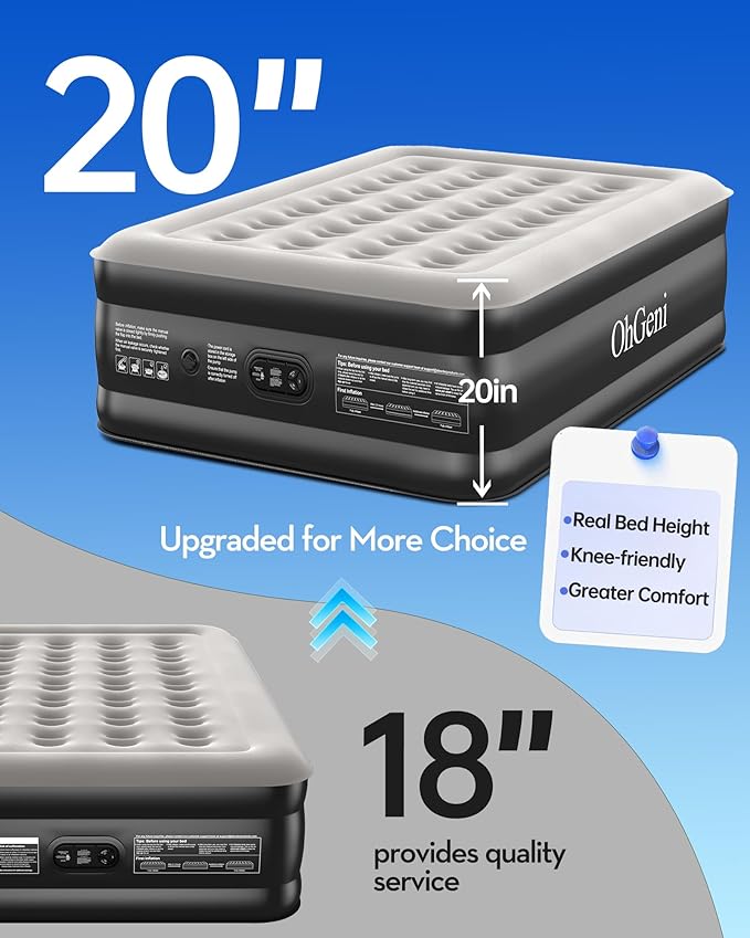 OhGeni 20" Full Air Mattress with Built in Pump, Blow up Mattresses, Colchones Inflables Airbed for Guests, Ideal for Elder People Home Use, Knee-Friendly Design, 600LBS