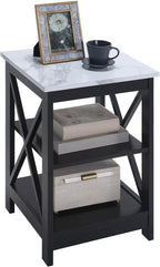 Convenience Concepts Oxford End Table 15.75" - Modern Living Room Table with Storage Shelves, Transitional Nightstand Side Table for Home Decor and Display, White Faux Marble/Black