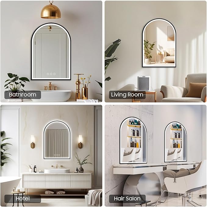 20x30 Inch Arch LED Bathroom Mirror with Bluetooth, Black Lighted Bathroom Mirrors Wall Mounted, Vanity Mirror with Anti-Fog, Memory Function, 3 Color Temperature, Dimmable Led Mirror for Bathroom