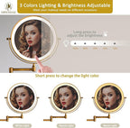 Rechargeable Wall Mounted Lighted Makeup Vanity Mirror 8 Inch Double Sided 1X 10X Magnifying for Bathroom, 3 Color Lighting, Touch Screen, 360 Rotation Shaving Brushed Antique Brass