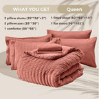 HYMOKEGE Coral Queen Comforter Set Seersucker 7 Pieces, All Season Luxury Bed in a Bag Queen for Bedroom, Bedding Set with Comforter, Sheets, Pillowcases & Shams