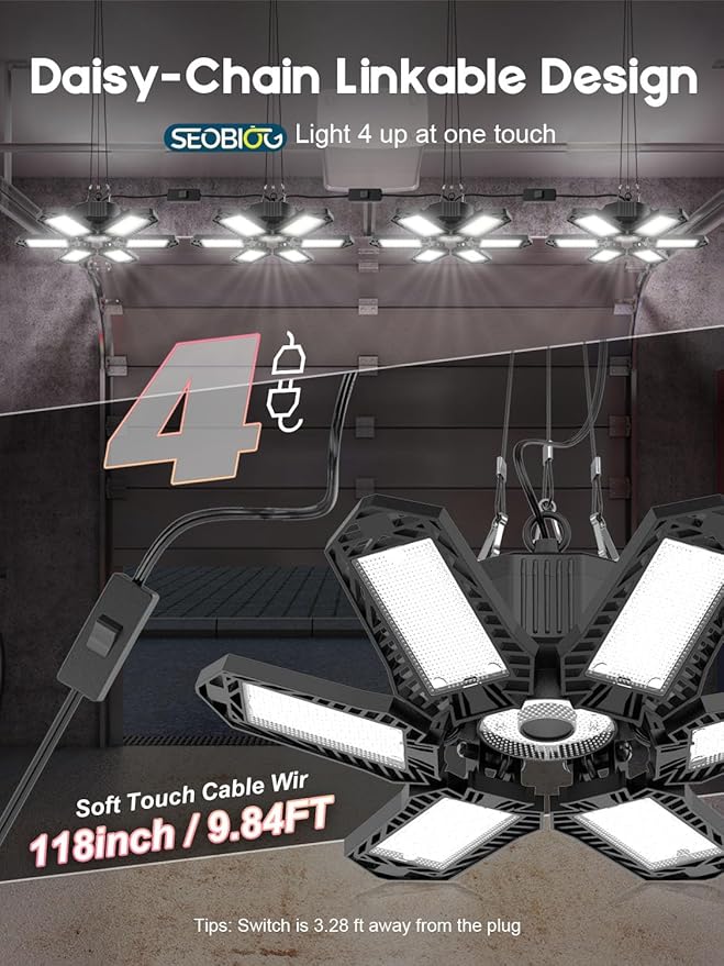 SEOBIOG LED Garage Lights - 6 Pack, 200W 20000LM Plug-in Shop Light with 6+1 Deformable Panels for Garage, Warehouse, Barn, Basement (Built-in ON/Off Switch)