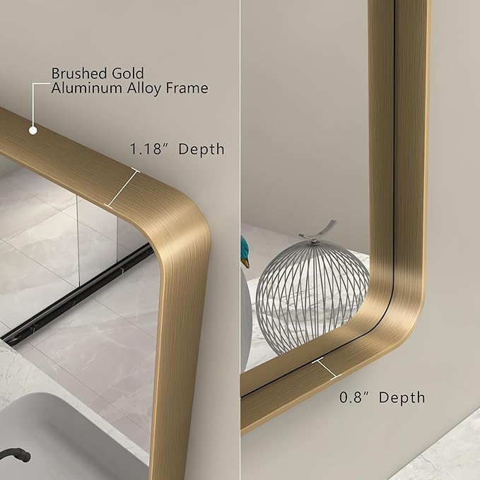 55x40 Inch Gold Bathroom Mirror, Brushed Metal Frame Gold Vanity Mirror, Large Rectangle Mirror for Wall, Rounded Corner, Shatterproof, Anti-Rust (Horizontal/Vertical)