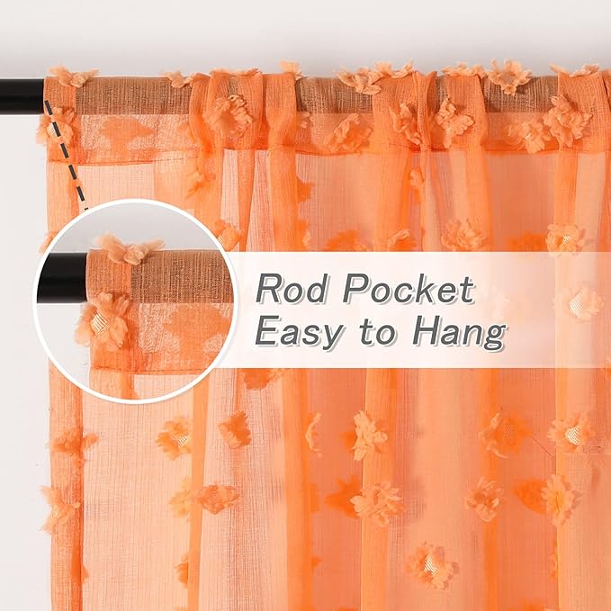 MYSKY HOME Orange Sheer Short Curtains with Pom Pom for Small Windows Bedroom Nursery Kids Girls Room Curtains Cafe Kitchen Light Filtering Boho Drapes, Rod Pocket,52 x 54 Inches, 2 Panels