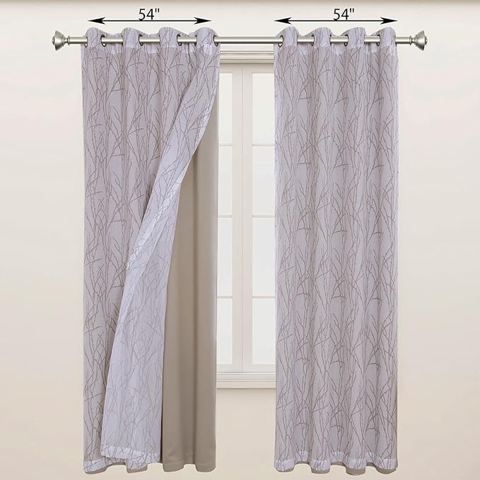 BONZER Mix and Match Curtains - 2 Pieces Branch Print Sheer Curtains and 2 Pieces Blackout Curtains for Bedroom Living Room Grommet Window Drapes, 54x95 Inch/Panel, Taupe, Set of 4 Panels