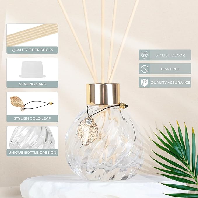 8Pcs Reed Diffuser Set with Metal Golden Decoration, 3.5oz-4.2oz Empty Bottles with 20Pcs Reed Sticks, Unique Design Bottles for Home and Office