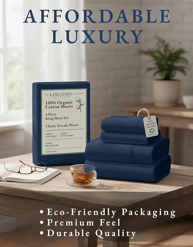LANE LINEN 100% Organic Cotton Fully Elasticized King Sheet Set, Low Pilling Fade Resistant Machine Washable Naturally Cooling King Bedding Set, Soft & Comfy Cotton Sheets - Navy