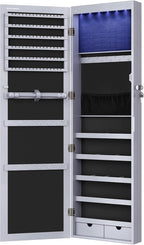 SONGMICS 6 LEDs Mirror Jewelry Cabinet, 47.2-Inch Tall Lockable Wall or Door Mounted Jewelry Armoire Organizer with Mirror, 2 Drawers, Christmas Gift, 3.9 x 14.6 x 47.2 Inches, Gray