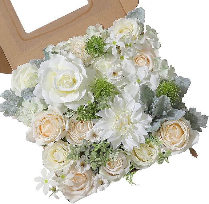 Artificial Flowers Combo Silk Mix Fake Flowers Leaf for DIY Wedding Bouquets Centerpieces Arrangements Party Baby Shower Home Decorations(Milk White)